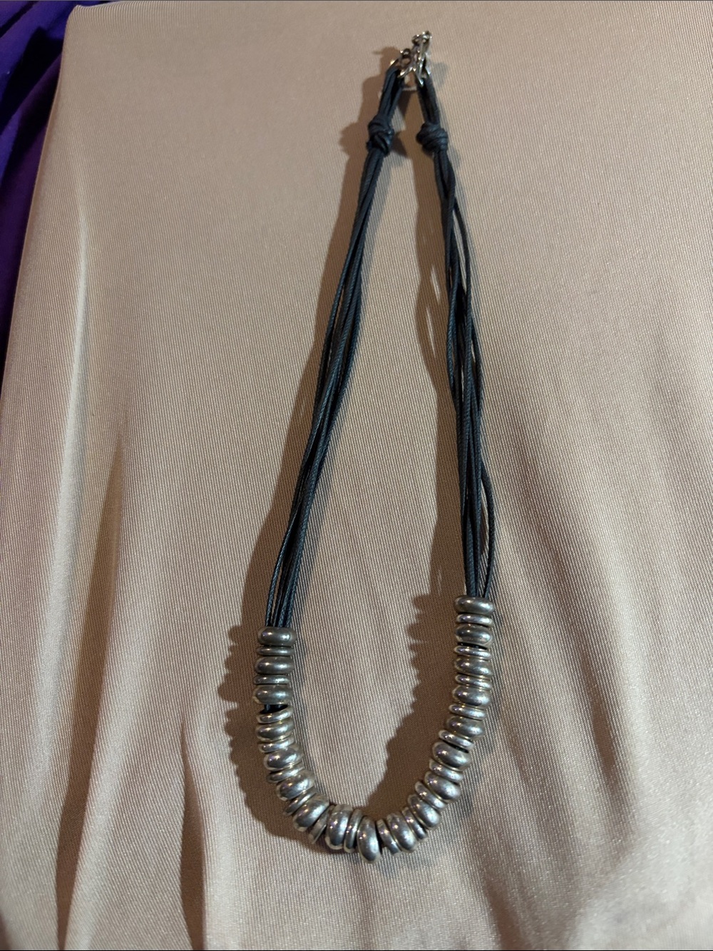 Black leather strand with sterling silver beads necklace